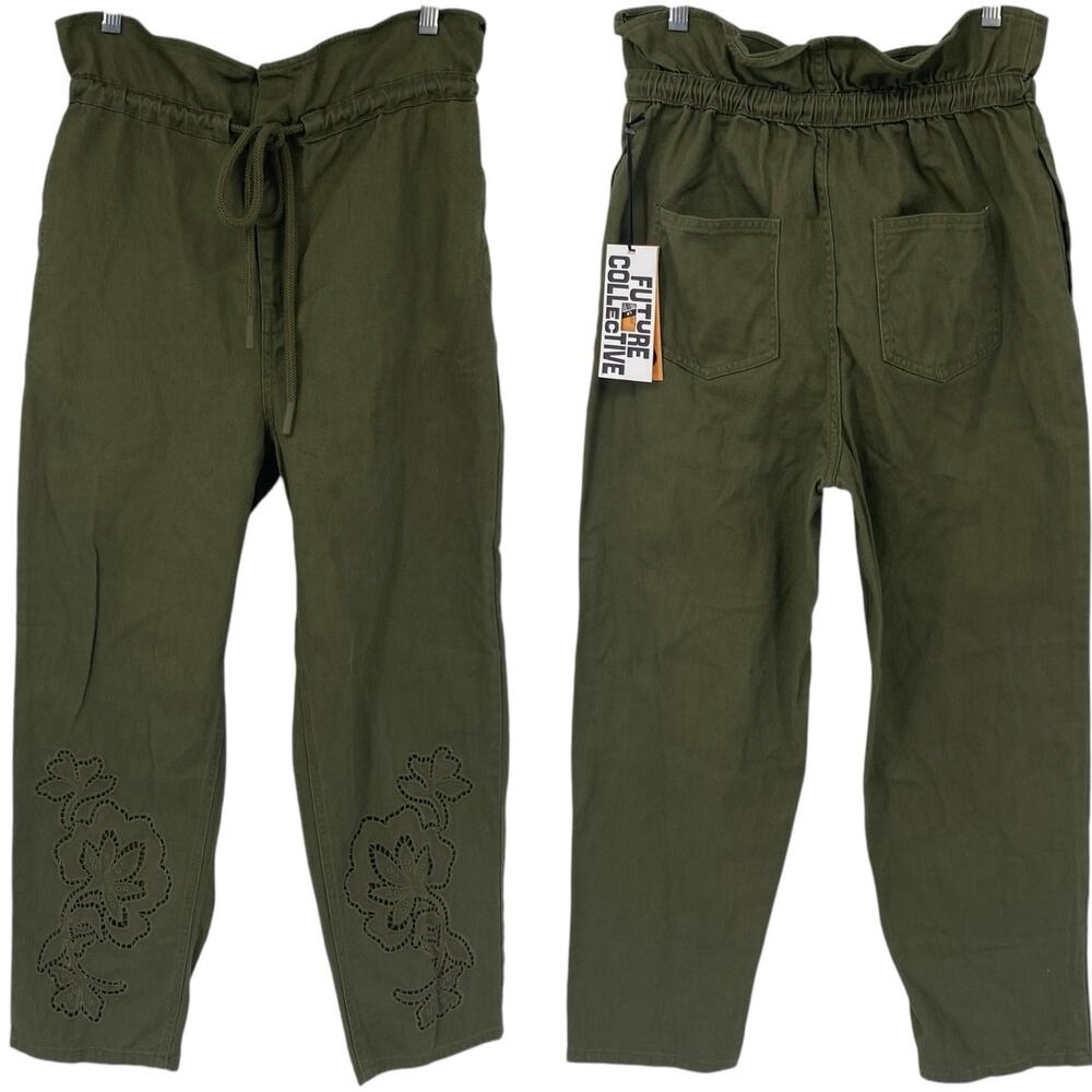 NEW FUTURE COLLECTIVE High Waisted Eyelet Pants Olive Green Size 2 Drawstring